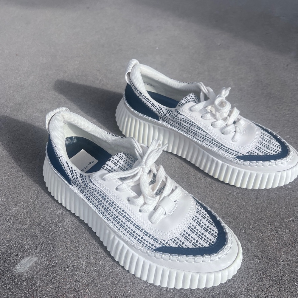 Dolce Vita White and Navy Platform Sneakers with Textured Weave